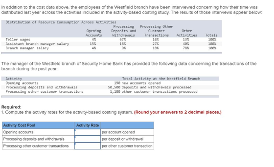 In addition to the cost data above, the employees of the Westfield branch have been interviewed concerning how their time was