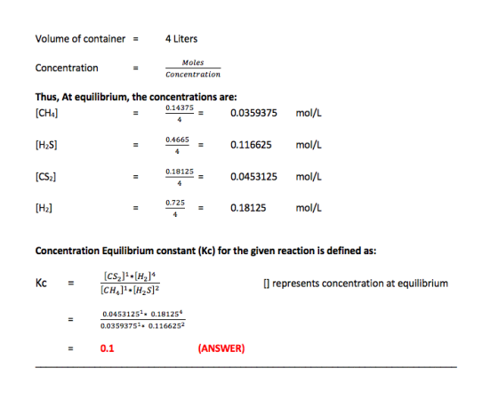 Volume of container 4 Liters Concentration Moles Concentration Thus, At equilibrium, the concentrations are: [CH] 0.14375 0.0