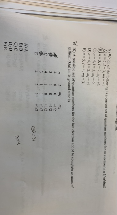 y) Which of the following is a correct set of quantum numbers for an electron in a Sorbita A)n-5,7= 3, m/= +1 Bn=5,1-2, m/= +