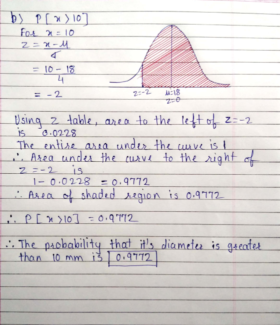by P [2)10] for n=10 2=x-u T = 10 - 18 4 = -2 2=-2 M=18 2 0 0.0228 Using 2 table, area to the left of 2 = -2 is The entire ar