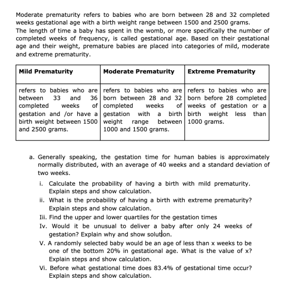 Moderate prematurity refers to babies who are born between 28 and 32 completed weeks gestational age with a birth weight rang