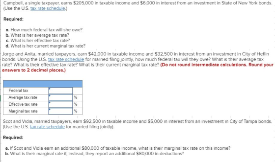 Campbell, a single taxpayer, earns $205,000 in taxable income and $6,000 in interest from an investment in State of New York