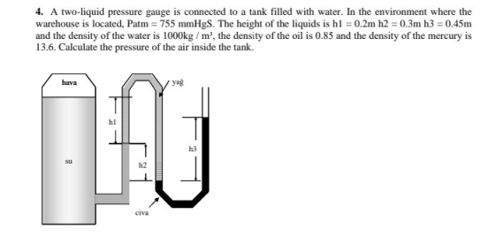 4. A two-liquid pressure gauge is connected to a tank filled with water. In the environment where the warehouse is located, P