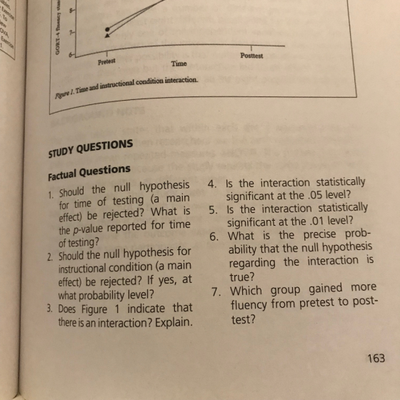Pretest Posttest Time ime and instructional condition interaction. STUDY QUESTIONS Factual Questions 1. Should the null hypot