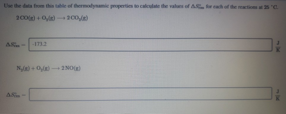 Use the data from this table of thermodynamic properties to calculate the values of AS for each of the reactions at 25°C. 2 C