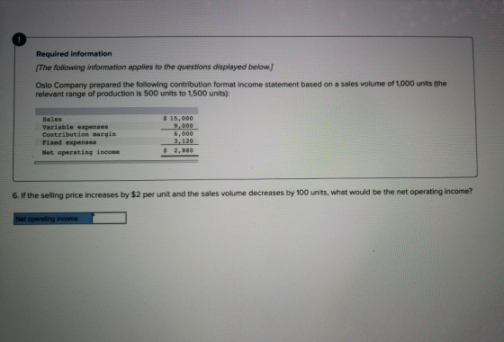 Required information [The following information applies to the questions displayed below. Oslo Company prepared the following contribution format income statement based on a sales volume of 1,000 units (the relevant range of production is 500 units to 1,500 units): Sales Variable expenses Contribution margin Fixed expenses Net operating income 15,000 9,000 6,000 $ 2,880 6. If the selling price increases by $2 per unit and the sales volume decreases by 100 units, what would be the net operating income?