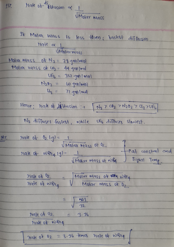 di 137. Mate of ilusion a l U Molar mass bastest diffusion. If Molar wass is less then Mate al Molar mass Molar mass of N = 2