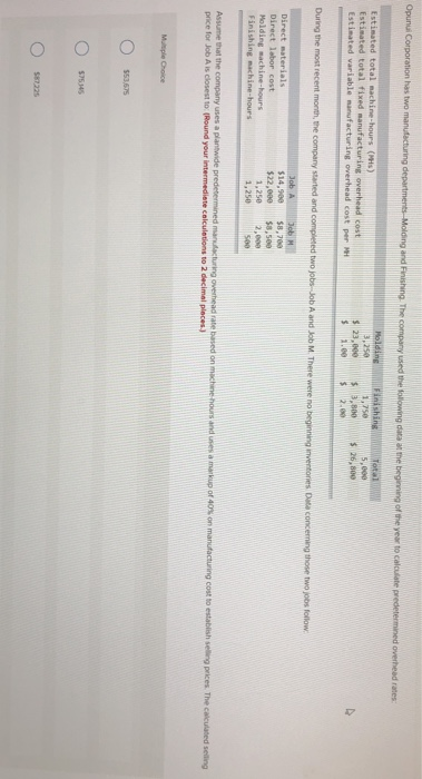 Opunti Corporation has two manufacturing departments Molding and Fishing The company used the following data at me beginning