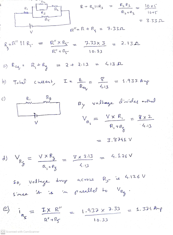 RRIR, 10x5 Beco ། R₂ R3 Ryth 1045 RE 3.335 11 R= R + R = 7,3312 V R=IIRI 2.132 7.33 X 3 R x Rs R + 10.33 a) Rega R + Rg 4.