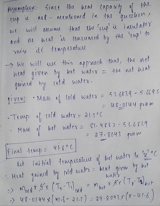 Assumption: since the weat capacity of the lup it not - mentioned in the quution, we will assume that the Cup is insulator a
