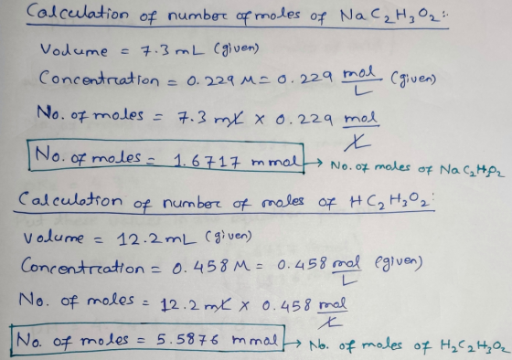 Calculation of number of moles of NaC₂H₂O2 Volume = 7.3 mL egiven) Concentration = 0.229 M = 0.229 mol (given) No. of moles