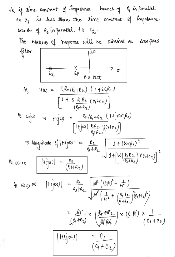 branch to e ue, if time constant of impedance of R, in parallel is less than the time constant of impedance branch of Re in p