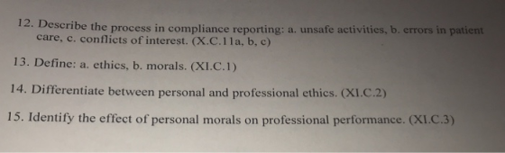 12. Describe the process in compliance reporting: a. unsafe activities, b. errors in patient 13. Define: a. ethics, b. morals