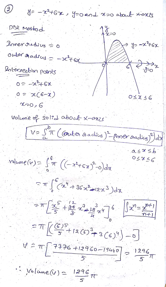 2 y = –??+6ic, y=0 and xao about taxis Disk Method 14 Hi 20 Ya ax²76x Roner radics to outer o adics - x²660 Intersection poon