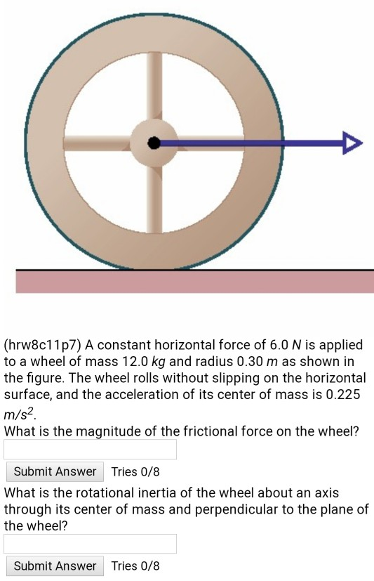 (hrw8c11p7) A constant horizontal force of 6.0 N is applied to a wheel of mass 12.0 kg and radius 0.30 m as shown in the figu