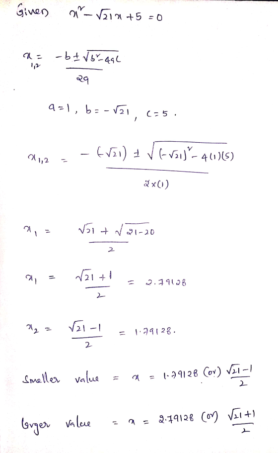 Given a ſzin+5=0 a = -btJ6% 496 ૨૧ 9=1, b=-121, 1=5. 0112 (-1213-411)(5) -6121) **00) Voit d 21-20 2 a, = √21+ = 2.79128 2 기고