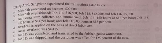 During April, Sangy a. Materials pun b. Materials regn c. Job tickets were April, Sangvikar experienced the transactions list