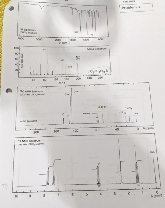 Fall 2019 Problem 3 IR Spectrum (CHC solution) 1350 1170 4000 3000 800 2000 v (cm) 1600 1200 100 Mass Spectrum 91 80 M 200 60