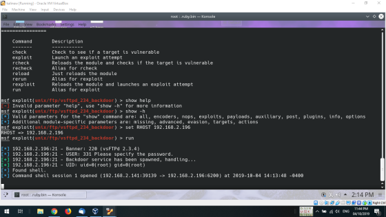 - 2 x a kalinew [Running] - Oracle VM VirtualBox File Machine View Input Devices Help root : ruby.bin - Konsole File Edit Vie