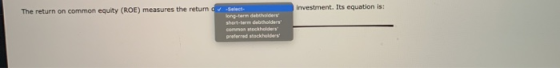 The return on common equity (ROE) measures the retum investment. Its equation is: Select long-term debthers short-term debth