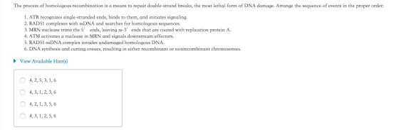 The process of homologous recombination is a means to repair double-strand breaks, the most lethal form of DNA damage. Arrang