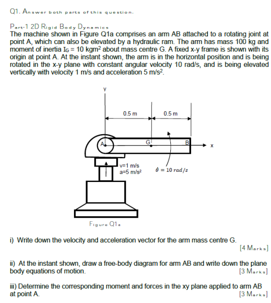 01. Answer both parts of this question. Part-1 2D Rigid Body Dynamics The machine shown in Figure Q1a comprises an arm AB att