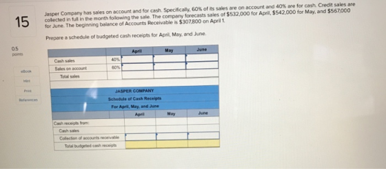 Jasper Company has sales on account and for cash. Specifically, 60 % of its sales are colected in full in the month following