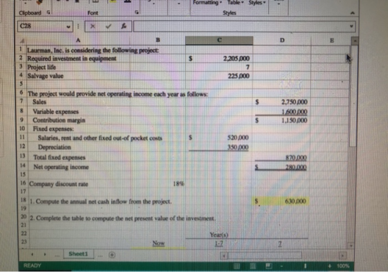 & Formatting Table Styles Styles Clipboard Font 028 4 D E 2.750.000 1.600.000 1.150.000 $ А B 1 Laurman, Inc. is considering