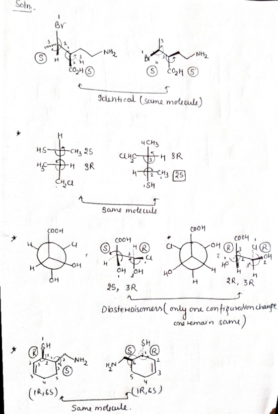 Solni Br -NH2 COM Sćom © Identical (same molecule) 4CH3 HSCHz 25 HC-DH 3R CHE H 3R 44 CM3 (25) SH dhe same molecule. COOH 00매
