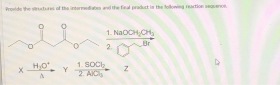 Provide the structures of the intermediates and the final product in the following reaction sequence. 1. NaOCH2CH3 Br 2. 1. S