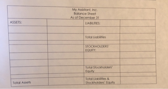 My Assistant, Inc. Balance Sheet As of December 31 LIABILITIES: ASSETS: Total Liabilities STOCKHOLDERS EQUITY: Total Stockho