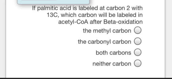 If palmitic acid is labeled at carbon 2 with 13C, which carbon will be labeled in acetyl-CoA after Beta-oxidation the methyl