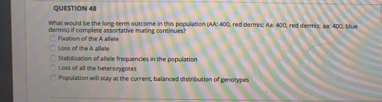 QUESTION 48 What would be the long-term outcome in this population (AA: 400, red dermis: Aa: 400, red dermis:aa: 400, blue de