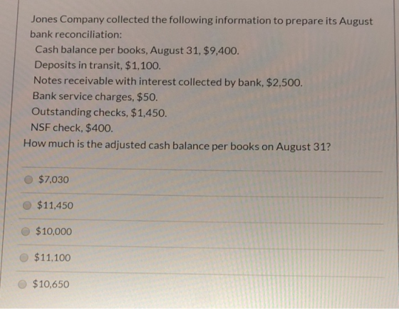 Jones Company collected the following information to prepare its August bank reconciliation: Cash balance per books, August 3