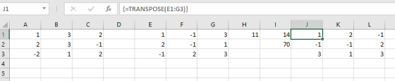 J1 丘 11 {=TRANSPOSE(E1:G3)) 《i 21 2 1 14 2 2 7011 1 2 2