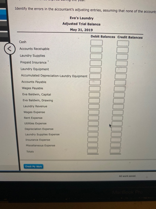 Identify the errors in the accountants adjusting entries, assuming that none of the account Evas Laundry Adjusted Trial Bal