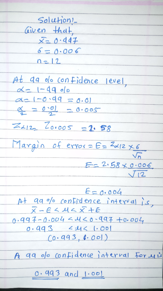 Soluton! Gven that, 0-447 6-0.006 n 12 At qa olo ConEidence level d -49 olo ac l-0 d9 = 0.0 2- Ze/ze Zo.0s 258 Margin of erto