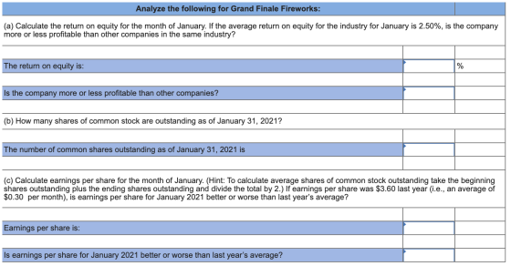 Analyze the following for Grand Finale Fireworks: (a) Calculate the return on equity for the month of January. If the average