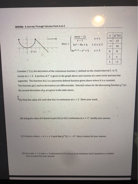 Activity: A Journey Through Calculus from A to Z sin(x-1) :- 1) x< h(x) kr2 - 8x + 6. 13x53 Ver-6 – x2 +5, x>3 Consider f(x)