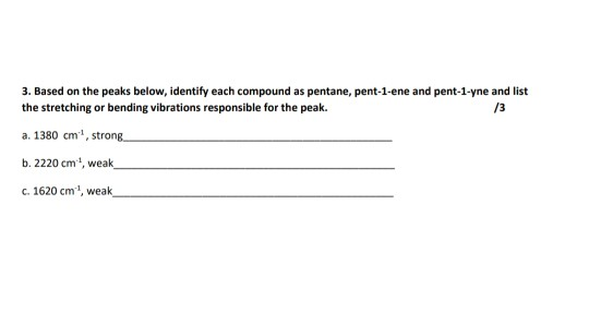 3. Based on the peaks below, identify each compound as pentane, pent-1-ene and pent-1-yne and list the stretching or bending
