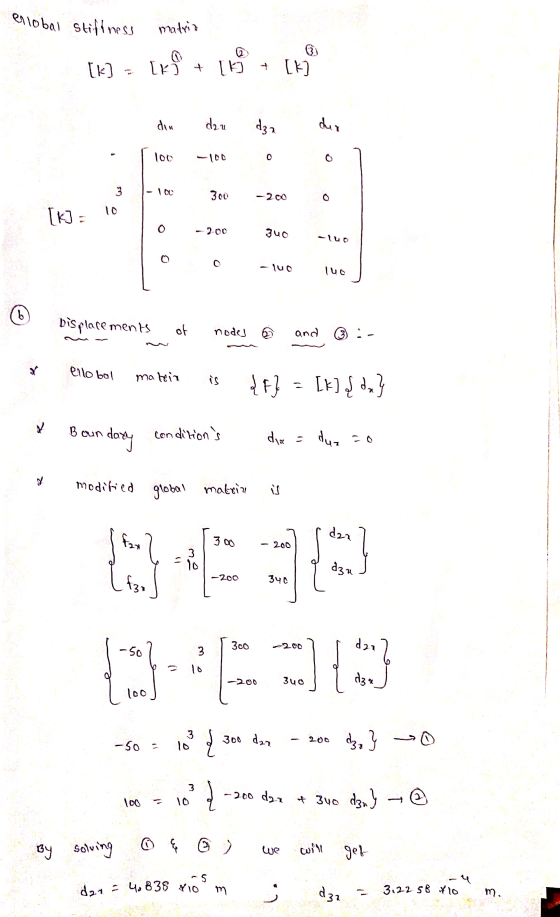 enlobal stiffness matria [k] = [k + [ k) [k] + [k] du 4. น dza dur loc -100 0 3 - 100 300 -200 [K] 10 O -200 340 -luo -luo lu