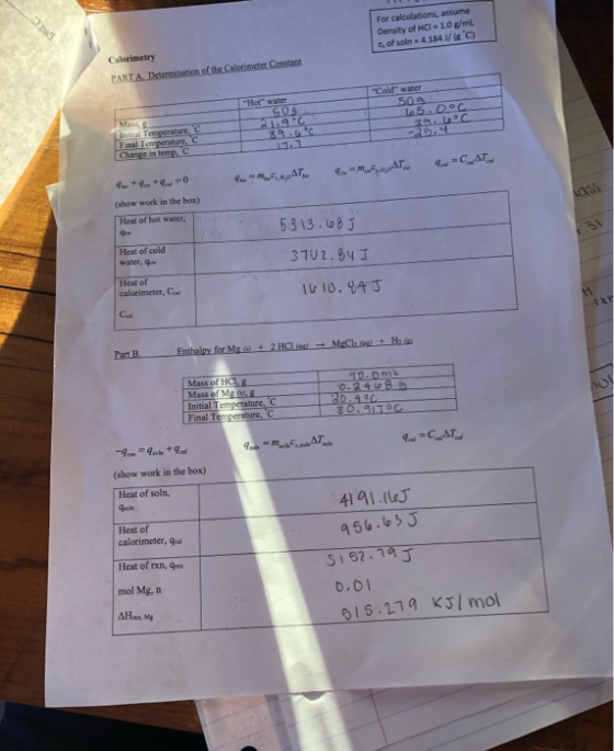 For calculations, astume Density of HCl = 10 g/m of soin 41541/ C Calorimetry PARTA Determination of the Calorimeter Constant