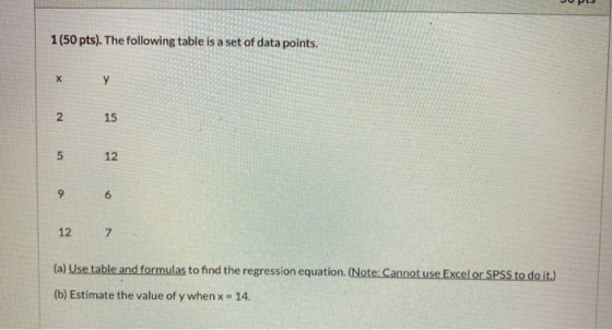 1(50 pts). The following table is a set of data points. х у N 15 5 12 ON 6 12 7 (a) Use table and formulas to find the regres