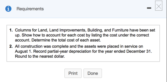 i Requirements 1. Columns for Land, Land Improvements, Building, and Furniture have been set up. Show how to account for each cost by listing the cost under the correct account. Determine the total cost of each asset. 2. All construction was complete and the assets were placed in service orn August 1. Record partial-year depreciation for the year ended December 31 Round to the nearest dollar. Print Done