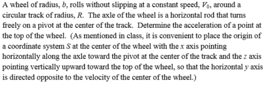 Image for A wheel of radius, b, rolls without slipping at a constant speed, V0. around a circular track of radius, R. Th