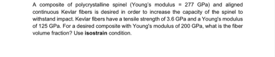 A composite of polycrystalline spinel (Youngs modulus = 277 GPa) and aligned continuous Kevlar fibers is desired in order to