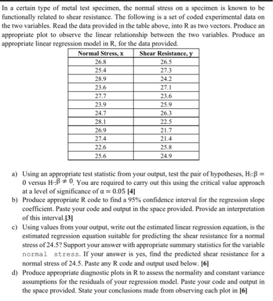 In a certain type of metal test specimen, the normal stress on a specimen is known to be functionally related to shear resist