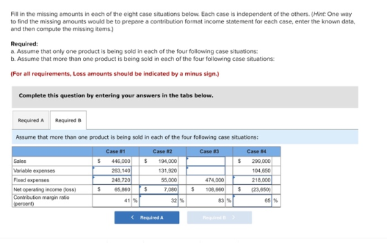 Fill in the missing amounts in each of the eight case situations below. Each case is independent of the others. (Hint: One wa