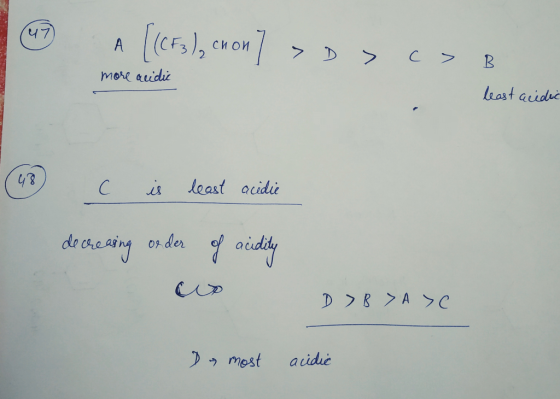 9 A [(CF3), cron] > > c> B more acidic least acidic is least acidie decreasing order of acidity D > B > A > De most acidic