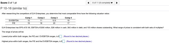 Score: 0 of 1 pt 6 of 11 (9 complete) P 10-16 (similar to) After researching the competitors of EJH Enterprises, you determin